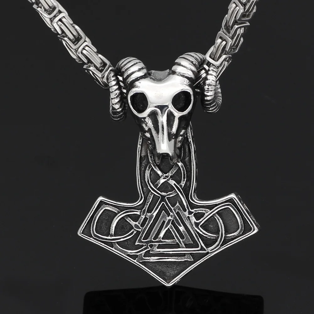 Men stainless steel Wolf head norse viking amulet thor hammer pendant necklace handmade chain