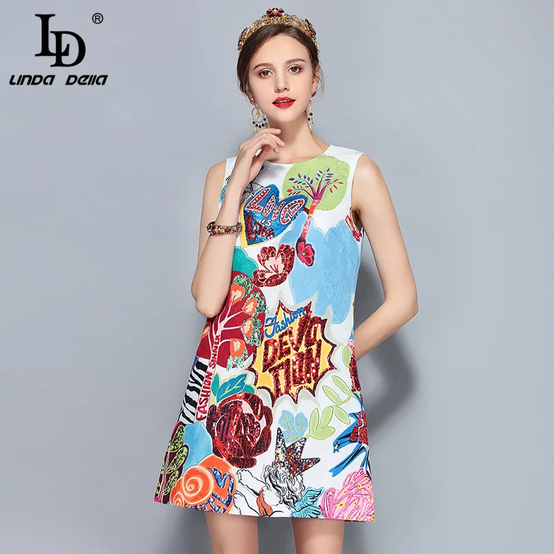 

LD LINDA DELLA New Fashion Runway Designer Summer Dress Women's Sleeveless Cartoon Letter Sequin Elegant Short Dress