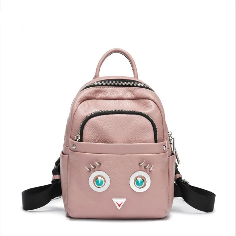 

New Women Backpack School Bags For Teenage Girls Genuine Cow Leathe Casual Cute Owl Bookbags Travel Bag Mochila Black FR652