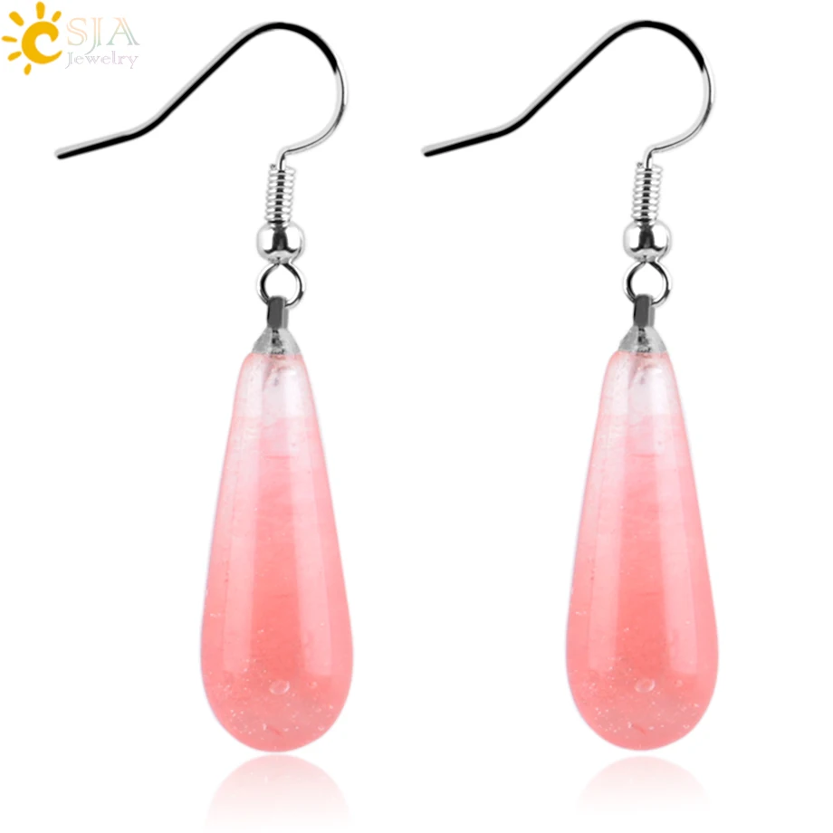 

CSJA Summer Women Jewelry Natural Reiki Chakra Gem Stone Beads Pendant Water Drop Dangle Earring Pink Purple Crystal Gift E110