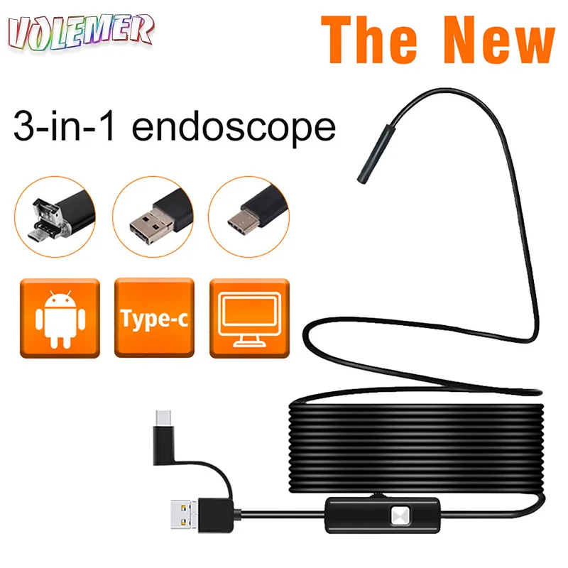 

Volemer 3 In 1 Endoscopic Camera 5.5MM Semi-Rigid IP67 Waterproof Micro Usb Endoscope Cameras With 6LED HD Smartphone Wire Cam