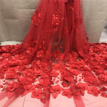

(5 yards /lot) high quality 3D flowers appliqued French lace red African net lace fabric with beads for party dress CFL008