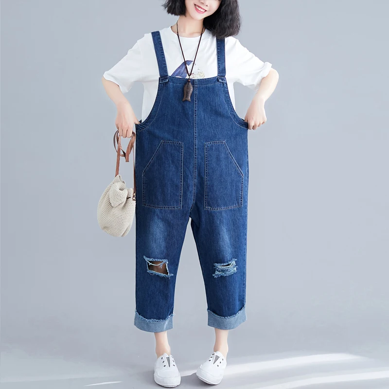 

#4015 Spring Summer Off The Shoulder Jean Jumpsuit High Waist Loose Overalls Femme Big Pockets Sling Ankle-length Jumpsuits 2019
