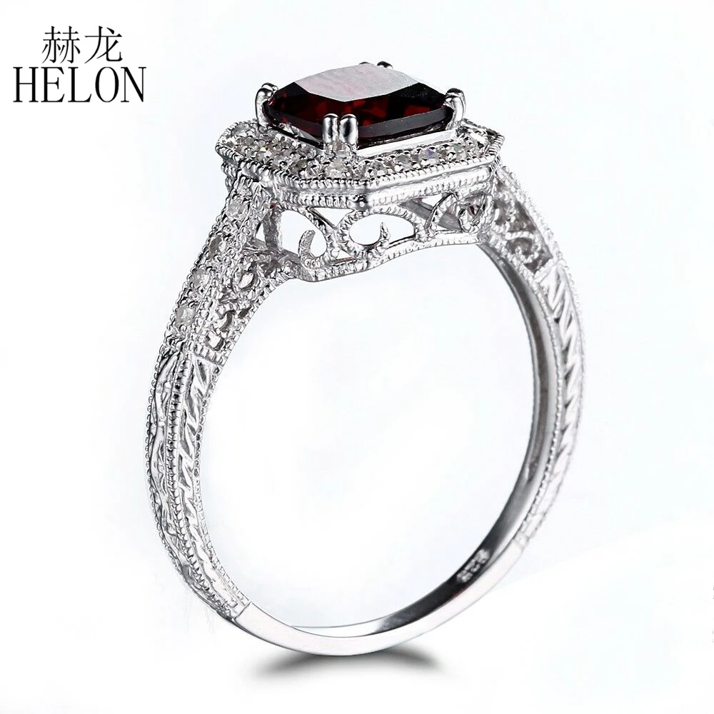 HELON 7mm Cushion 1.81ct Genuine Garnet Solid 14k White Gold Diamonds Engagement Ring Women Art Deco Wedding Fine Jewelry