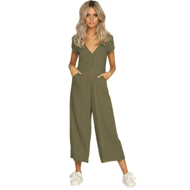 Sexy V Neck Button Women Jumpsuit 2018 Summer New Women