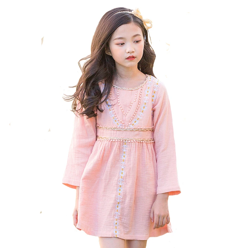 

2018 Autumn Spring Girls Linen Dress Long Sleeve Cotton Embroidery Floral Dresses for Chidlren Princess Clothing 4y-12y