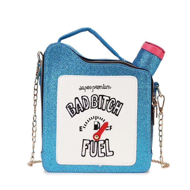 

Fashion Fun Personality Embroidery Letters Gasoline Bottle Shape Chain Purse Handbag Shoulder Bag Ladies Purse Mesenger Bag Flap