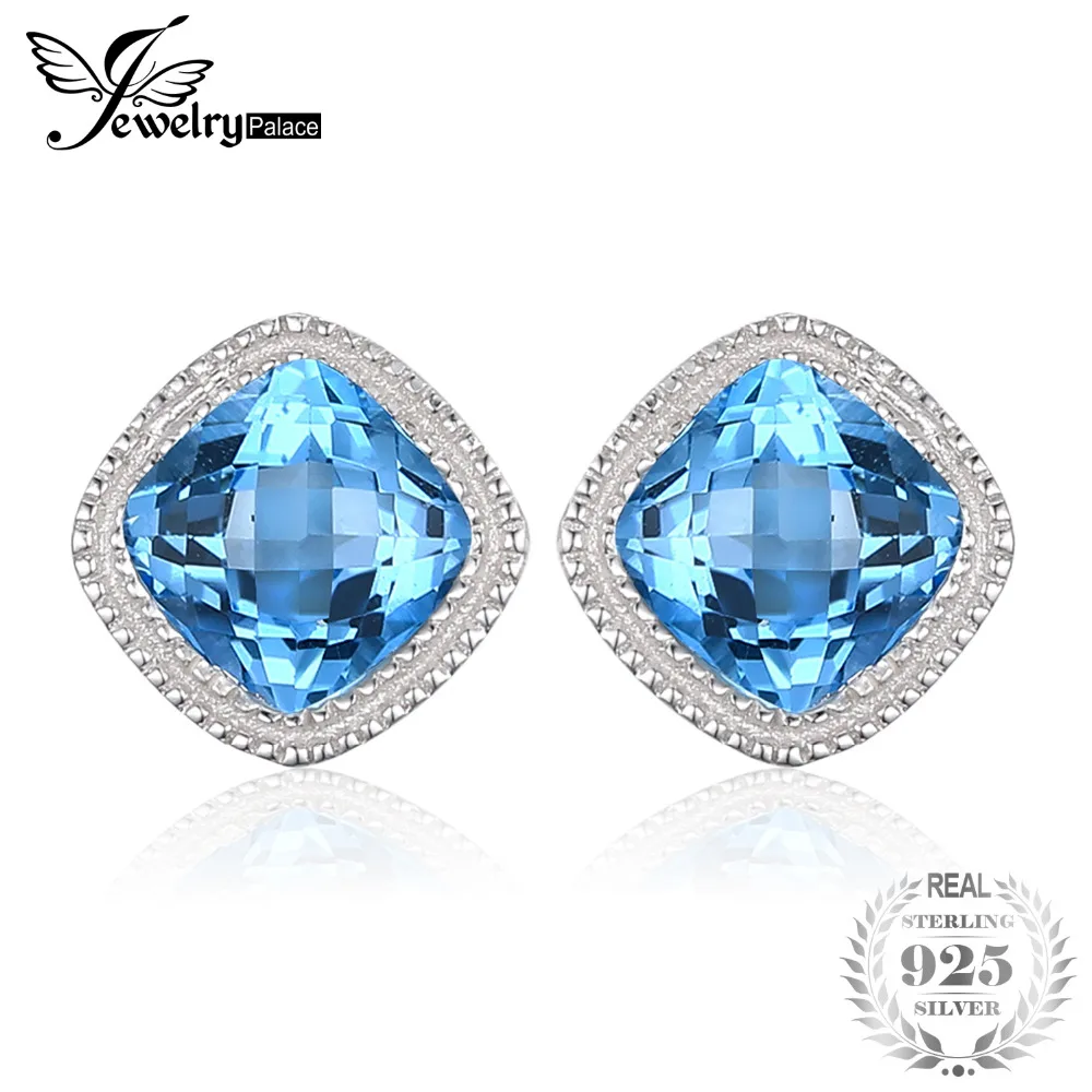 Jewelrypalace Винтаж 1.43ct квадратный Природный Голубой топаз Серьги гвоздики 100%