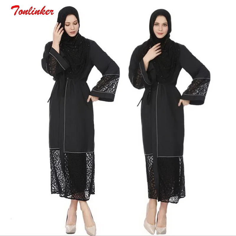

Tonlinker 2018 Fashion Women Muslim Dress V-Neck Long M-L Black Lace Dress Saudi Arabia Dresses Abaya Turkish Dubai Solid Dress