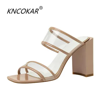 

KNCOKAR 2018Simple high heels with thick heels and square heels with open toes and transparent characters with women's shoes and