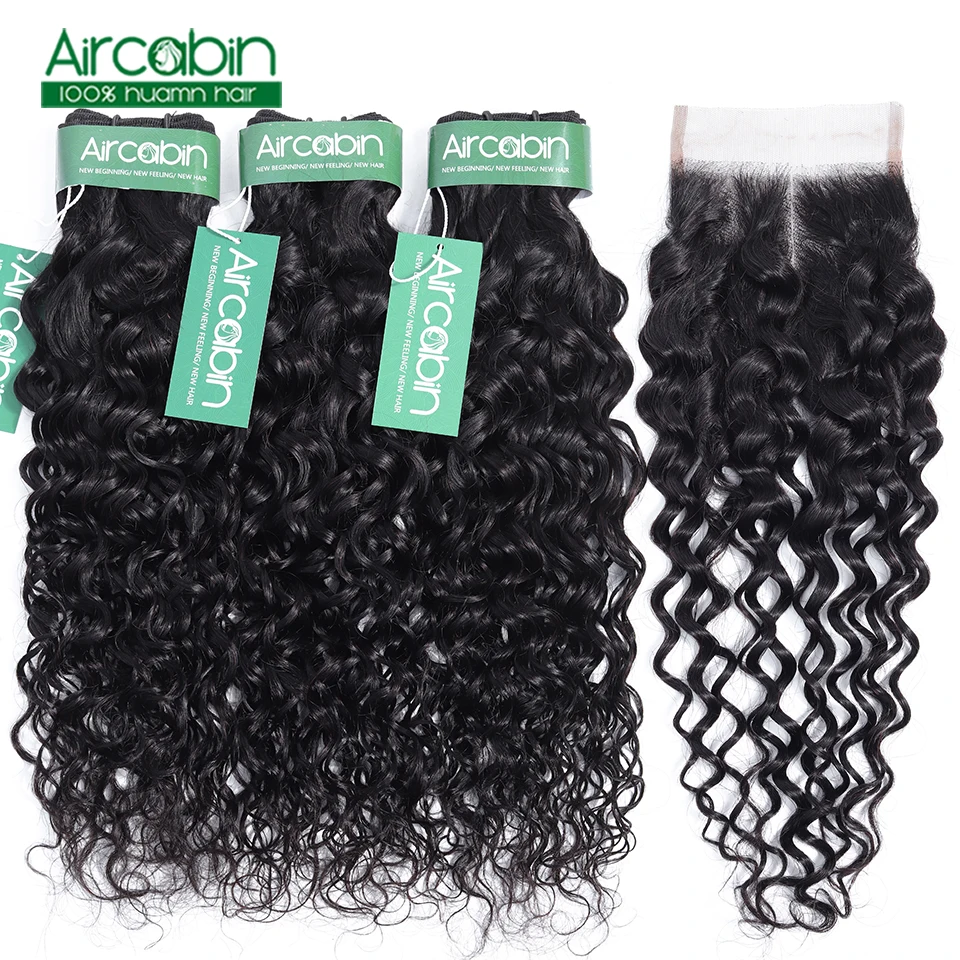 

Water Wave Bundles With Closure 3 Bundles Human Hair Weave With Lace Closure Aircabin NonRemy Peruvian Hair Bundles With Closure