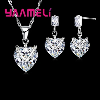 

Elegant Bridal Wedding Jewelry Sets Women Fine Austrian Crystal 925 Sterling Silver Heart Shape Pendant Necklace Earring