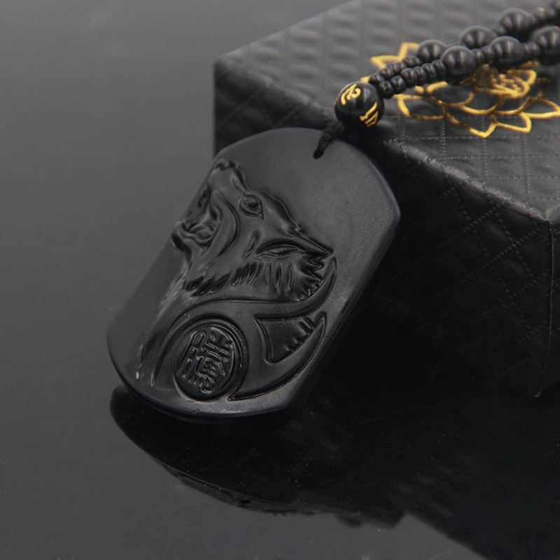 JAVRICK Black Obsidian Wolf Necklace Carving Wolf Head Amulet Pendant With Chain Obsidian Blessing Lucky Pendants Jewelry NEW