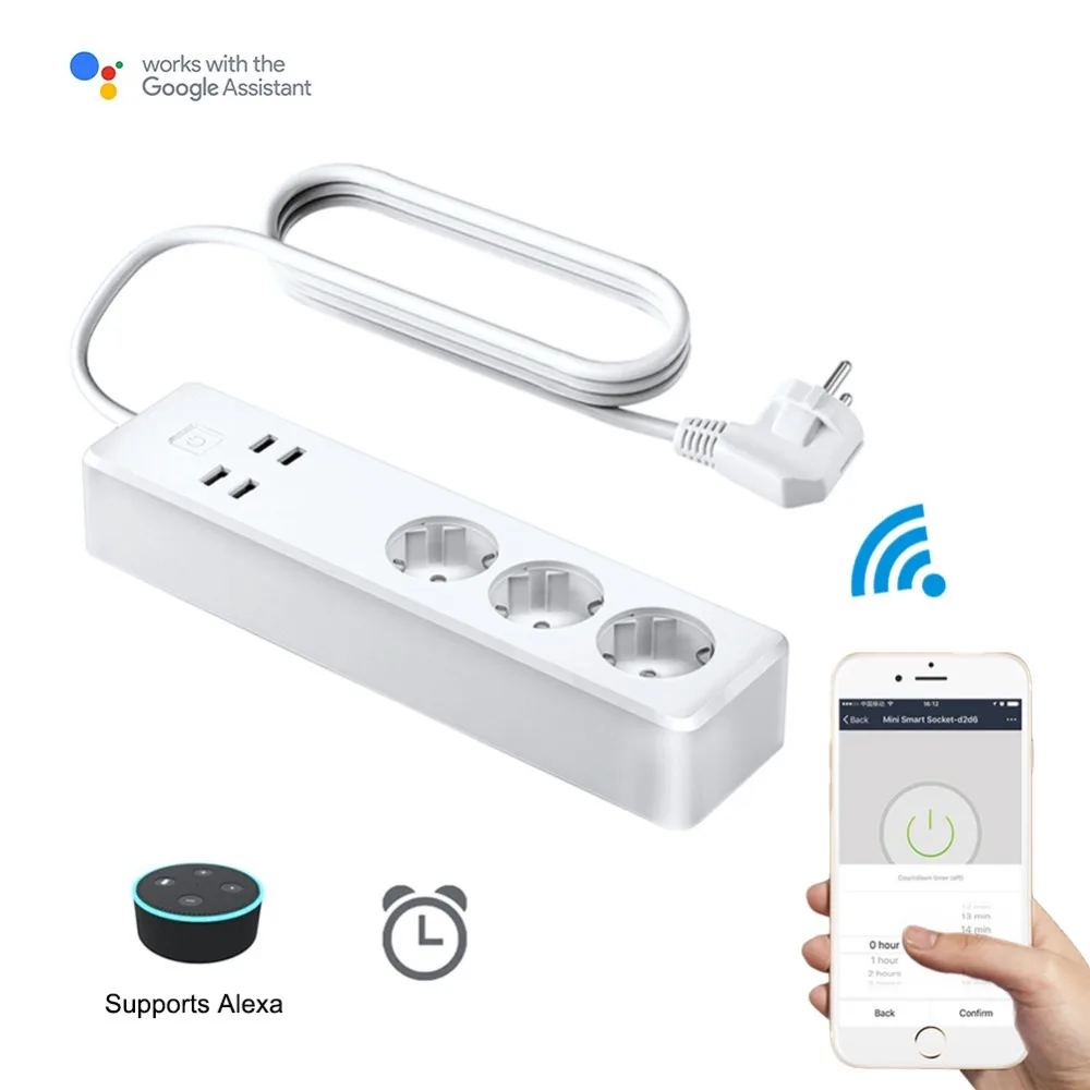 

NEW 4 USB Smart Sub-control EU Plug WiFi Smart Power Strip Plug For Alexa Echo Voice Control Over-current Protection Socket Hub
