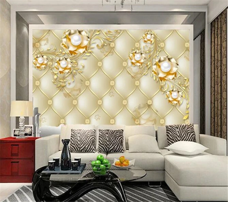 

beibehang Custom wallpaper papel de parede Gold soft bag simulation leather pearl gold flower living room wall papel tapiz 3d