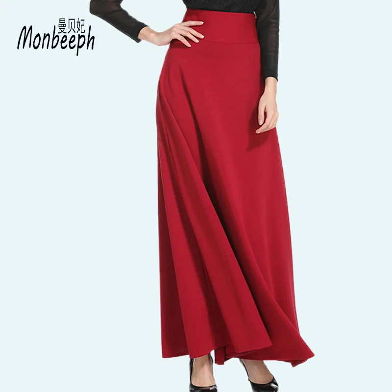 plus size S 5XL High Waist Pleated Elegant Skirt Red Black Solid Color