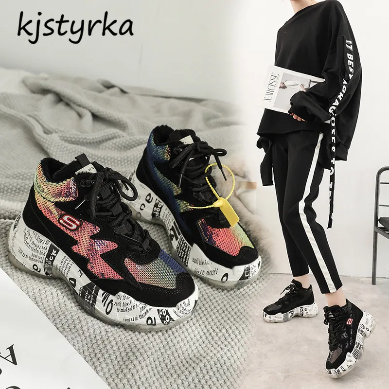 

kjstyrka dazzing sequins 2018 fashion comfortable graffiti winter autumn high quality Woman Sneakers ladies platform espadrilles