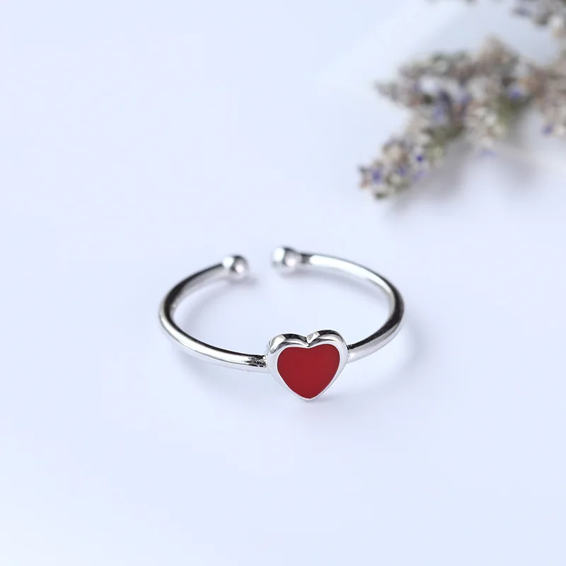 

Korean Style Fashion S925 Sterling Silver Red Heart Rings for Women Charm Lover Promise Rings Opening Adjustable Jewelry Anillos
