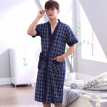 

2019 Summer 100%Cotton Striped Men Sleep Robe Short Sleeve Cardigan Plus Size L-XXXXL Indoor Man's Bathrobe Free Shipping