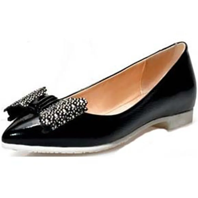 

Beautiful Bowtie+Rhinestone Sweet Flats Senior Patent Leather Women Flats Pointed Toe Basic Slip-on Shoes for Girls