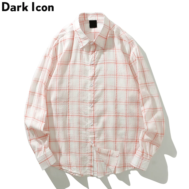 

Dark Icon Pink Plaid Shirt Men Turn-down Collar Loose Style Checkered Shirts Long Sleeve Mens Shirts Preppy Style Men