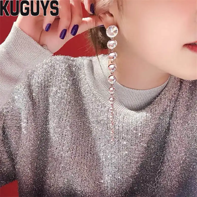 

KUGUYS Fashion Jewelry Trendy Crystals Long Tassel Earrings for Women Round Drop Earring Brincos Gift Party Wedding Accessories