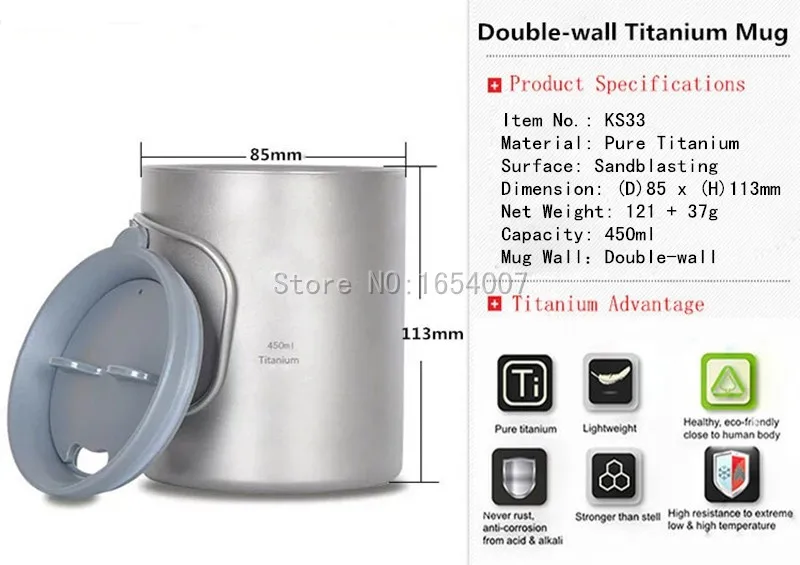 Кит Горячая 450 мл кружки титановая чайная чашка с двойными стенками Изолированные чашки Copos для наружного кемпинга дорожная кружка с крышкой Ti3341
