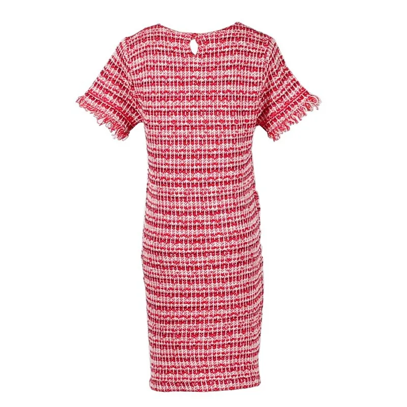 Women Knit Dress 2018 New Small Fragrance Fine Grain Contrast Color Tassel Round Neck Short Sleeve Double Pocket Knit Dress Dresses