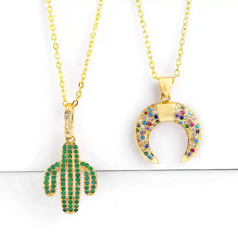 

luxury colorful cz drop charm Gold Silver filled gift rainbow coin necklace for women cz stone trendy moon cactus Choker Jewelry