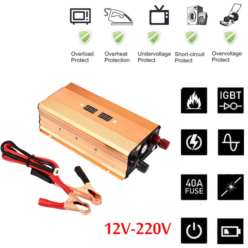 

1 Pc Car Inverter 12v to 220v Power Inverters Voltage Transformer Converter 12 220 1000W Charger Display Solar Adapter 12V 220V