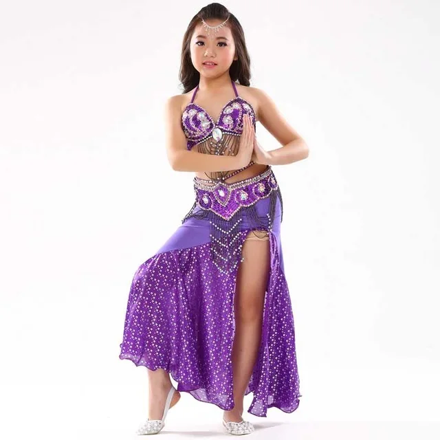 Purple Костюм для танца живота, Детская сценическая одежда для восточных танцев живота, комплект из 3 предметов - Цвет: Purple