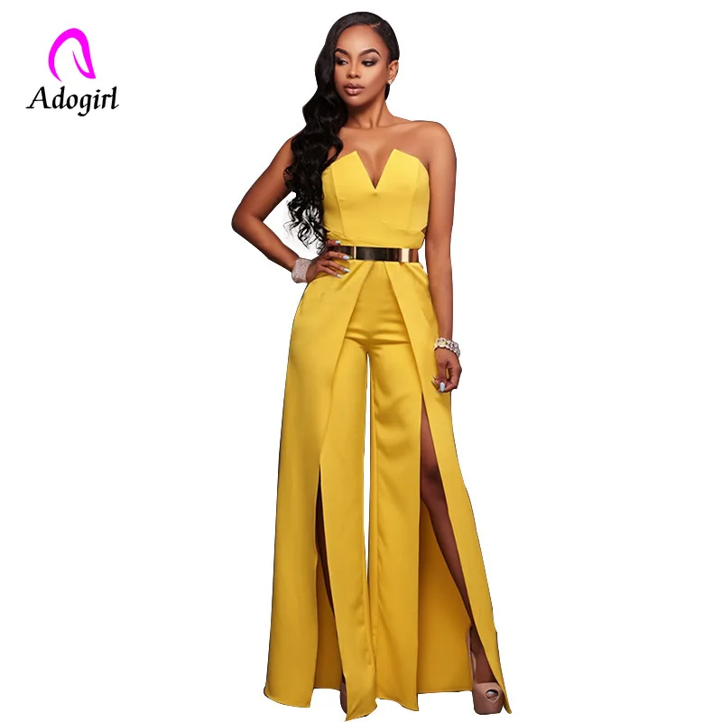 

Elegant Ruffles Women Jumpsuits 2019 Summer Sleeveless Long Wide Leg Split Pant Office Lady Tunic Bandage Rompers White Overalls