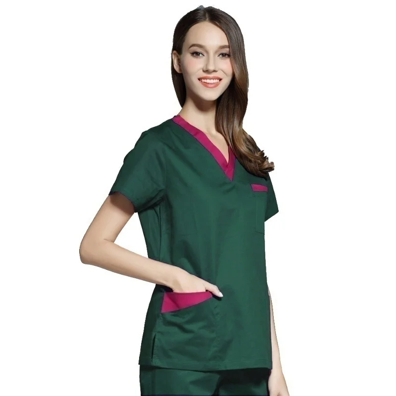 High Quality Women's Medical Uniforms Scrub TOP Short Sleeved V-neck Color Blocking Top Surgery Pharmacy Clothes (juat A Top)