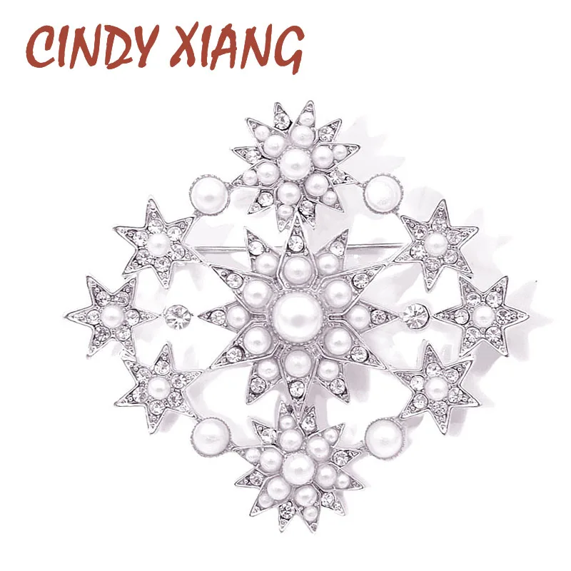 

CINDY XIANG New Arrival Rhinestone and Pearl Star Brooches for Women Silver Color Fashion Winter Coat Brooch Pin High Quality
