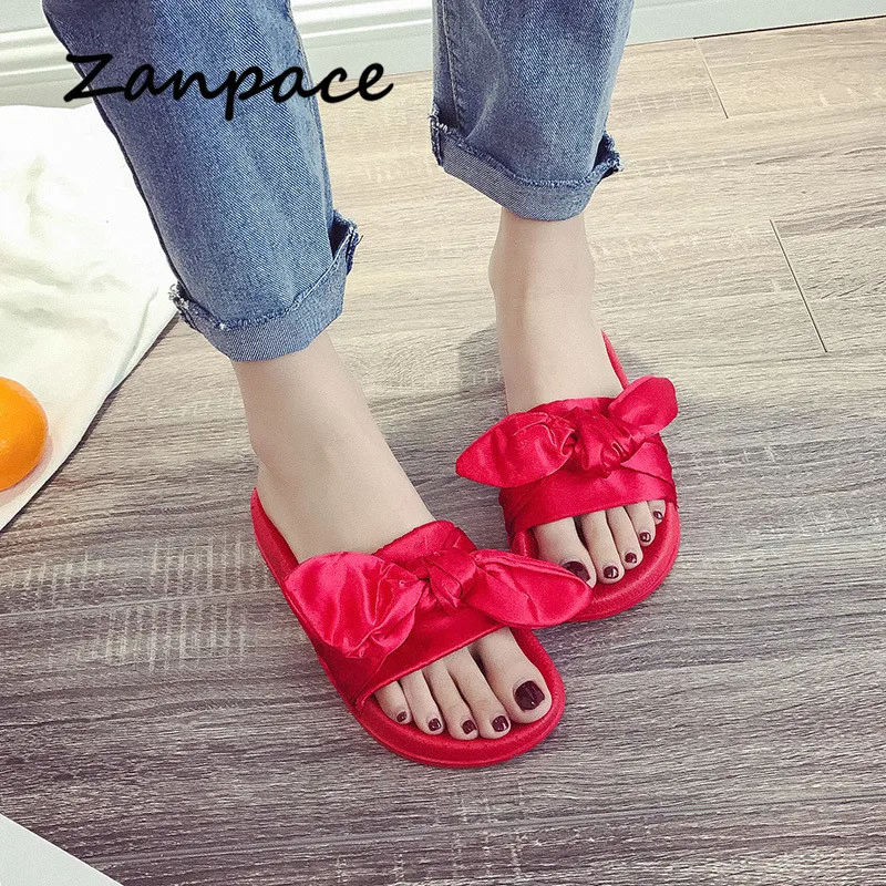 

ZANPACE Summer Home Slippers Plus Size 42 Butterfly-knot Slippers Women Slip on Flip Flops Flats for Bathing Female Slippers