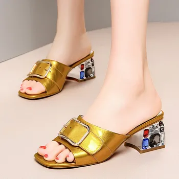 

2019 Summer Women's Rhinestones Slippers Fashion Thick High Heels crystal Sandals Beach Flip Flops Shoes Woman Slides Fish mouth