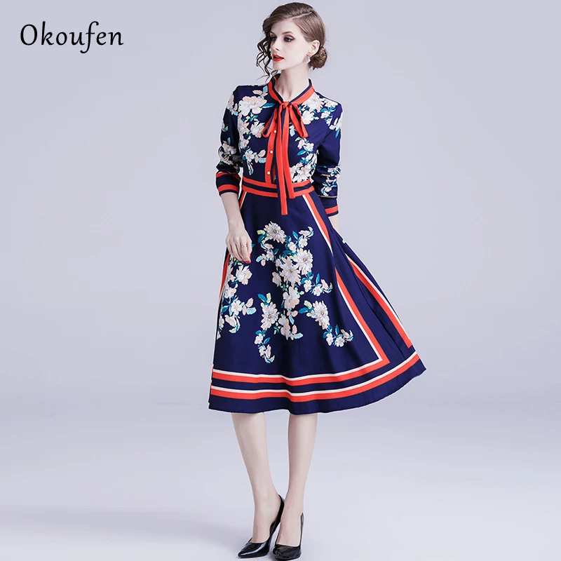 

OKOUFEN Fashion Women'S Commuter Spring Dress Bow Tie Printed Long-Sleeved A-Shaped Medium-Length Fashion Dress ZX0017