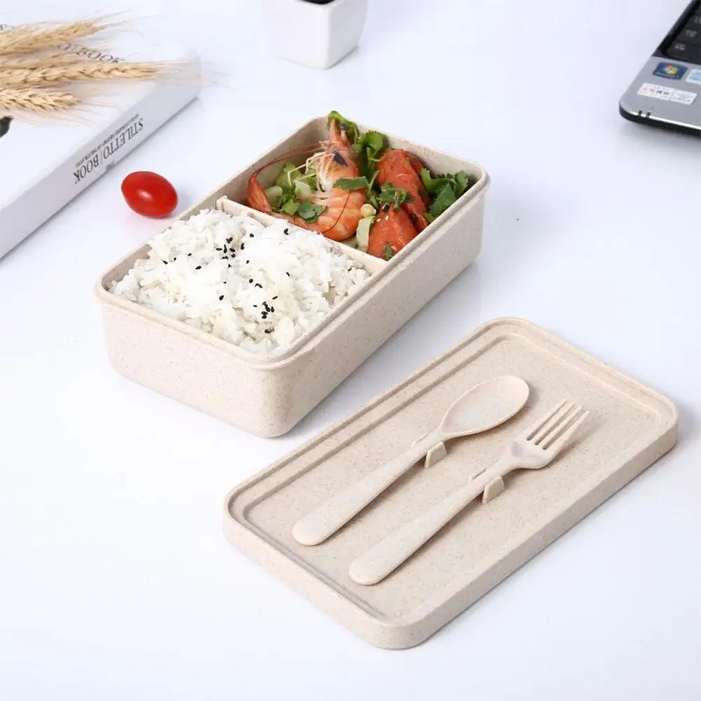 

Adeeing Portable Wheat Straw Lunch Boxs Containers with Compartments Knife Fork Picnic Food Container Microwave Bento Box