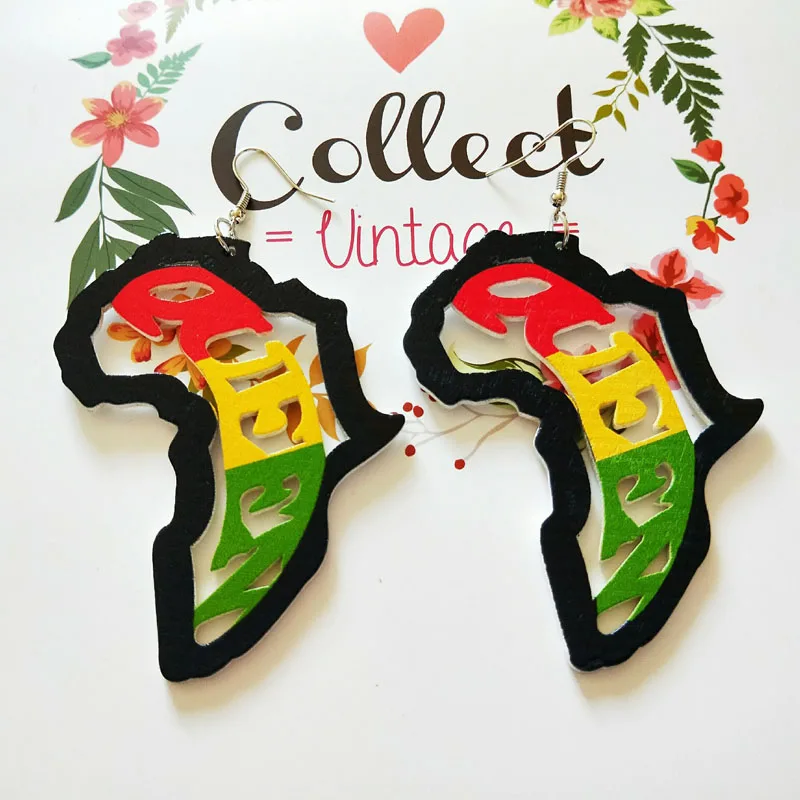 Красочные картины дерево выдалбливают Африка Карта Племенной тропические модные черные женские серьги винтажные деревянные африканские хип-хоп ювелирные изделия