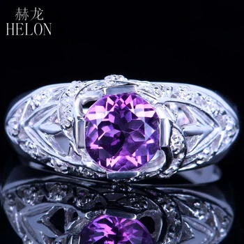 

HELON HOT SELL Sterling Silver 925 Round 7mm Genuine Amethyst Pave Natural Diamonds Ring Unique Gorgeous Engagement Wedding Ring