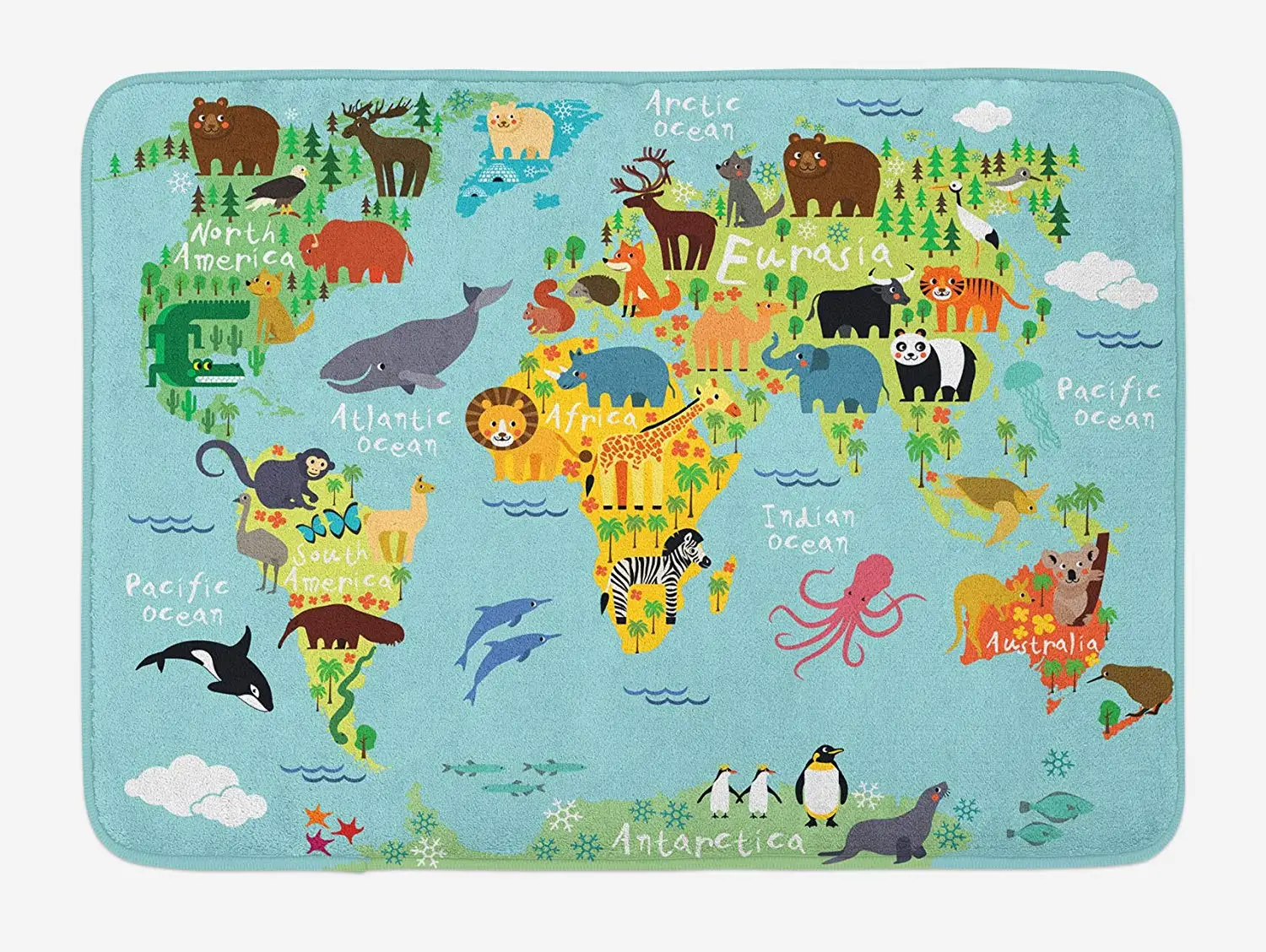 

Wanderlust Bath Mat Animal Map of The World for Children Kids Cartoon Mountains Forests Plush Bathroom Mat Pale