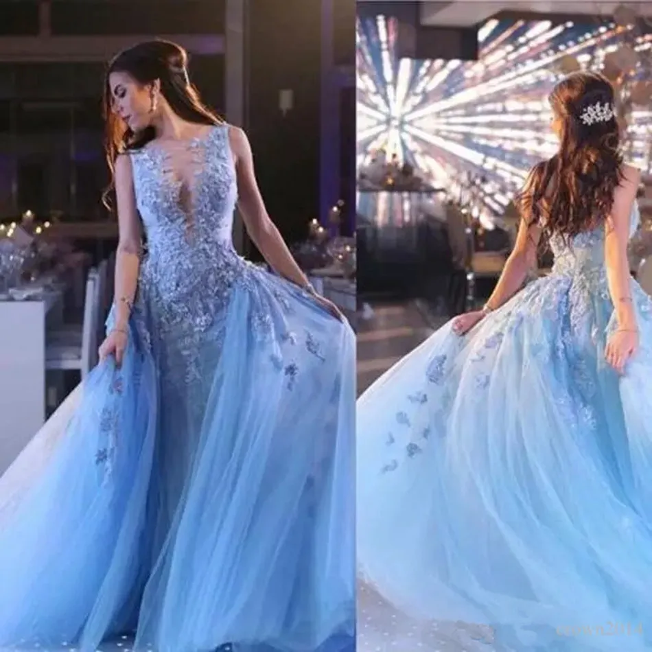 45-1    Sweet mermaid evening dress V Neck Sky Blue Formal Celebrity Evening Dress Detachable Train Prom Gown_