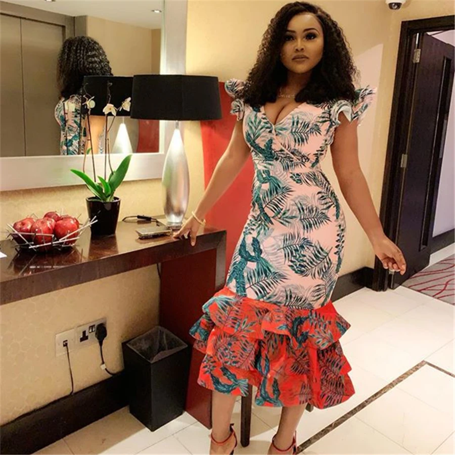 

BAIBAZIN New Summer European and American Women's Ruffled Dress Explosion Digital Print V-neck Long Skirt