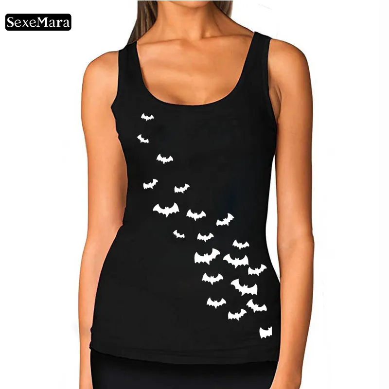 

SexeMara White Bat Printed Tank Tops Women Sexy Solid U Neck Black Top 2019 Summer Strapless Vest Sleeveless Tank Top