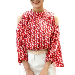 Для женщин с круглым вырезом длинным рукавом открытыми плечами шифон s блузка и топы корректирующие корейский печати пикантны