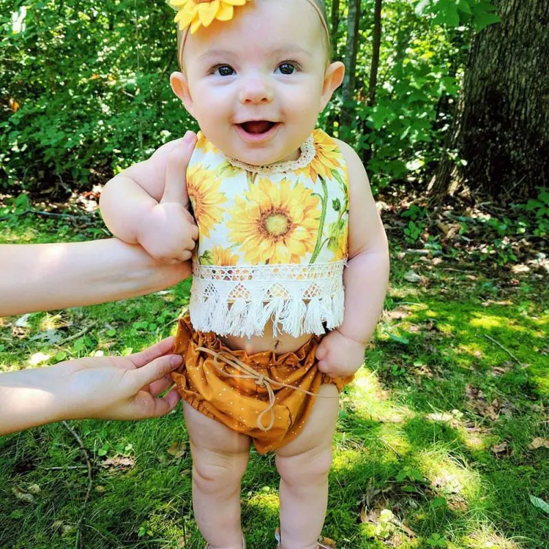 Summer Baby Girls Clothes Cute Baby Girl Clothing Set Fashion Kids Girl Sunflower Print Tops+Lace Tassel Shorts Pants
