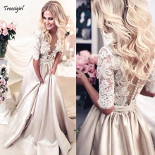 New Vintage Long Prom Dresses Sexy Half Sleeves Satin Prom Dresses Lace Beaded V Neck Evening Party Dresses Elegant Prom Gowns new red champagne flower girl dresses long sleeves lace satin mother daughter dresses for children christmas party prom gown