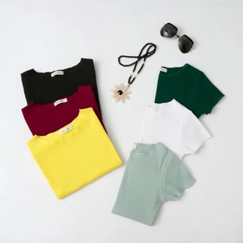 Vintage Wood ears O neck Short sleeve T-shirt 2020 New Woman Slim Fit t shirt tight tee Summer Retro Tops 6 colors | Женская одежда
