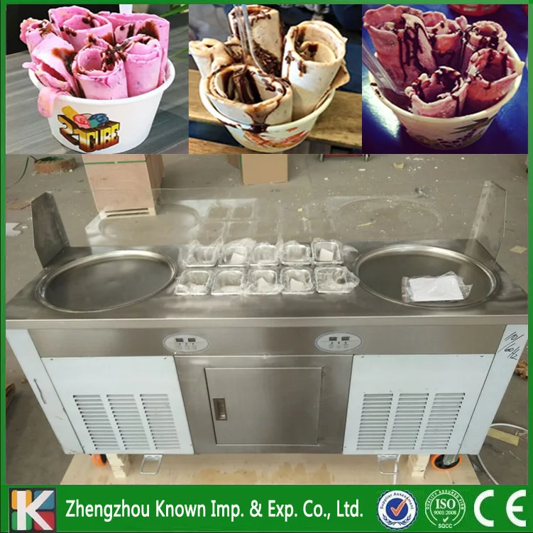 

Free shipping supply the 220 / 110 V fried ice cream roll ice pan machine with 2 round pans 10 cooking tanks and 1 refrigerator