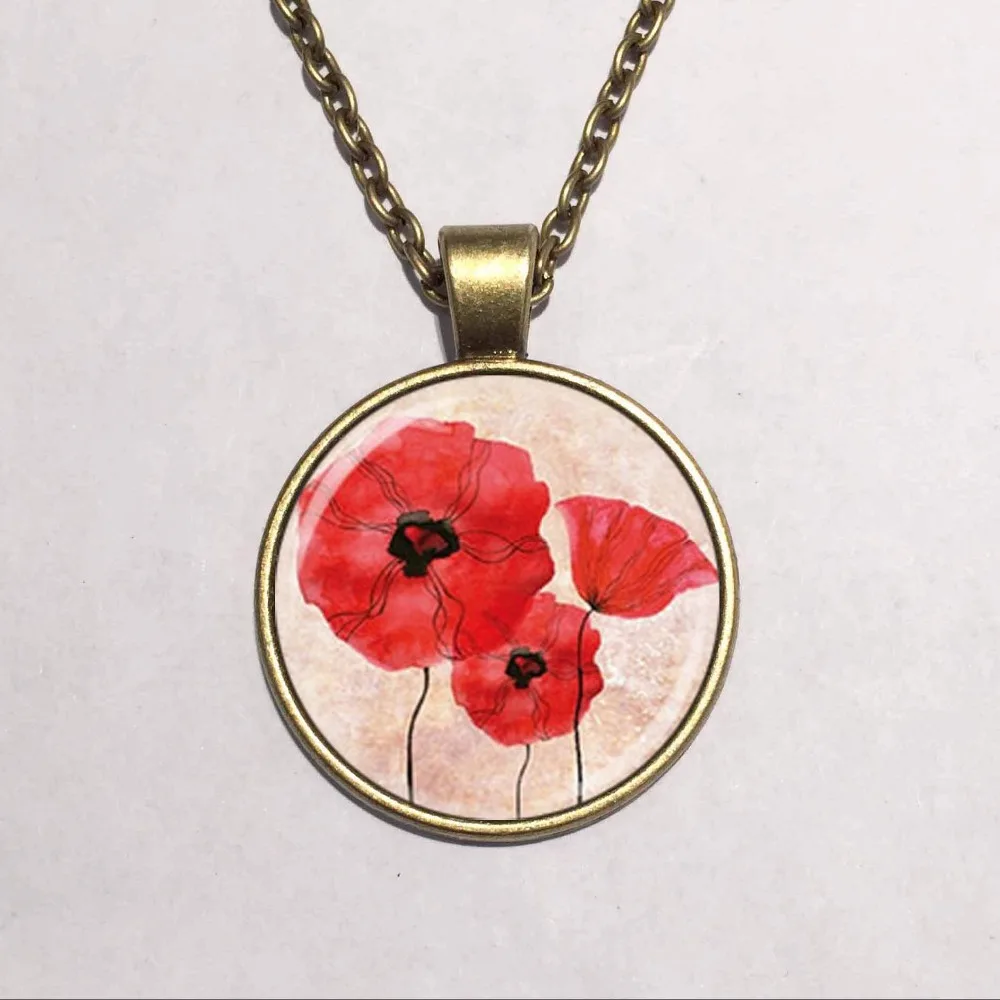 Wholesale Glass Dome Pendant beautiful Red Poppy Necklace Field Of